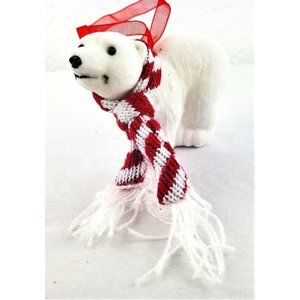 Fuzzy Polar Bear with Red and White Striped Scarf Tree Ornament Christmas 4"